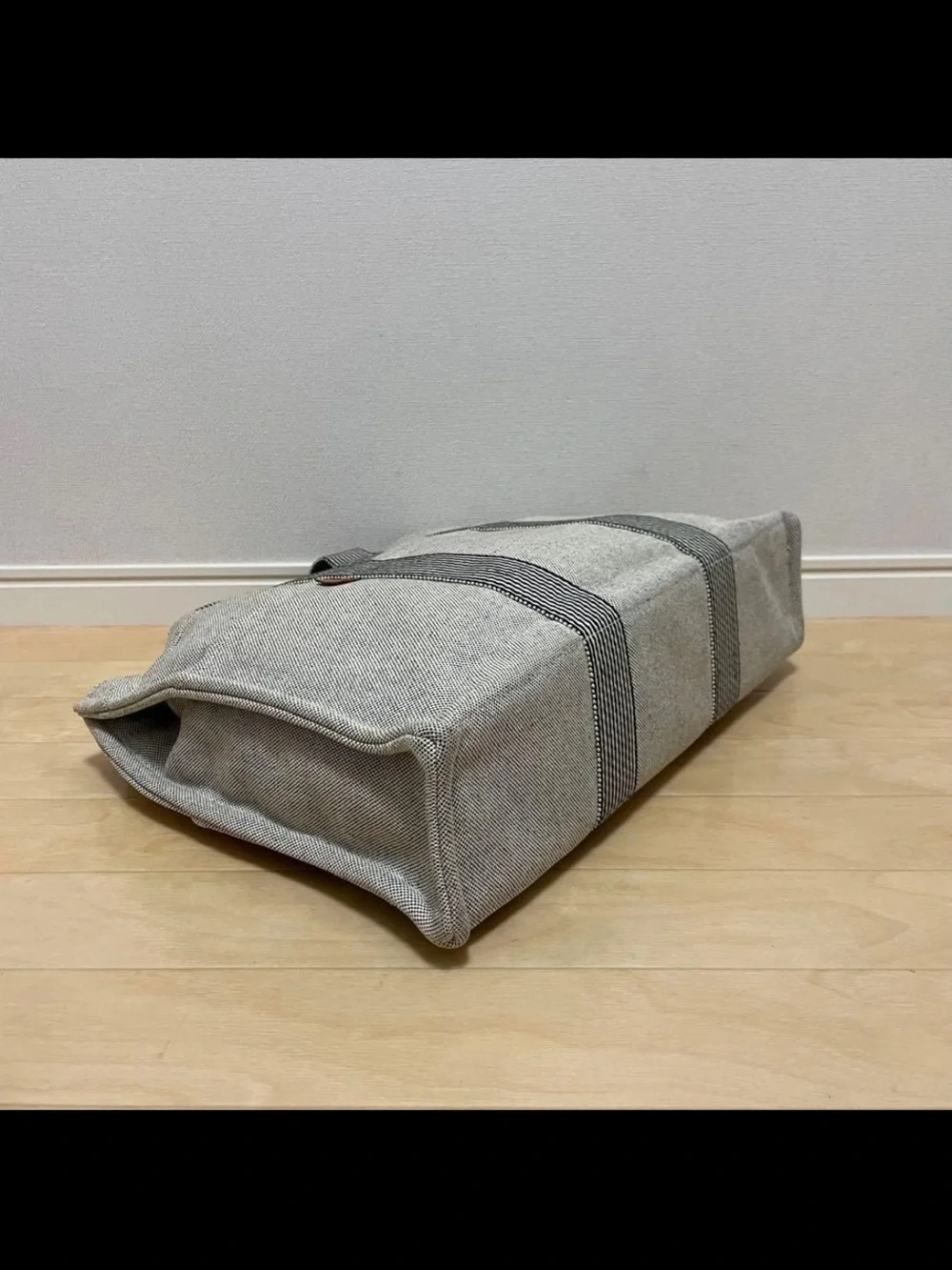 Hermes Gray Canvas Tote with Striped Web Handles